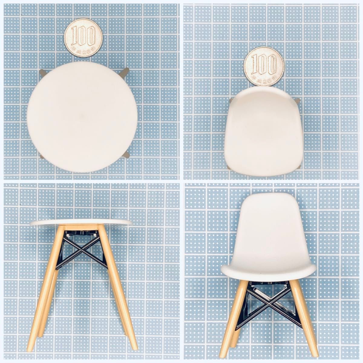ミニチュア１１点　ホワイトイームズ風チェアー　テーブル　陶器ホワイト　カップ・ソーサー・プレート・ケーキ　フェイクスイーツ　椅子