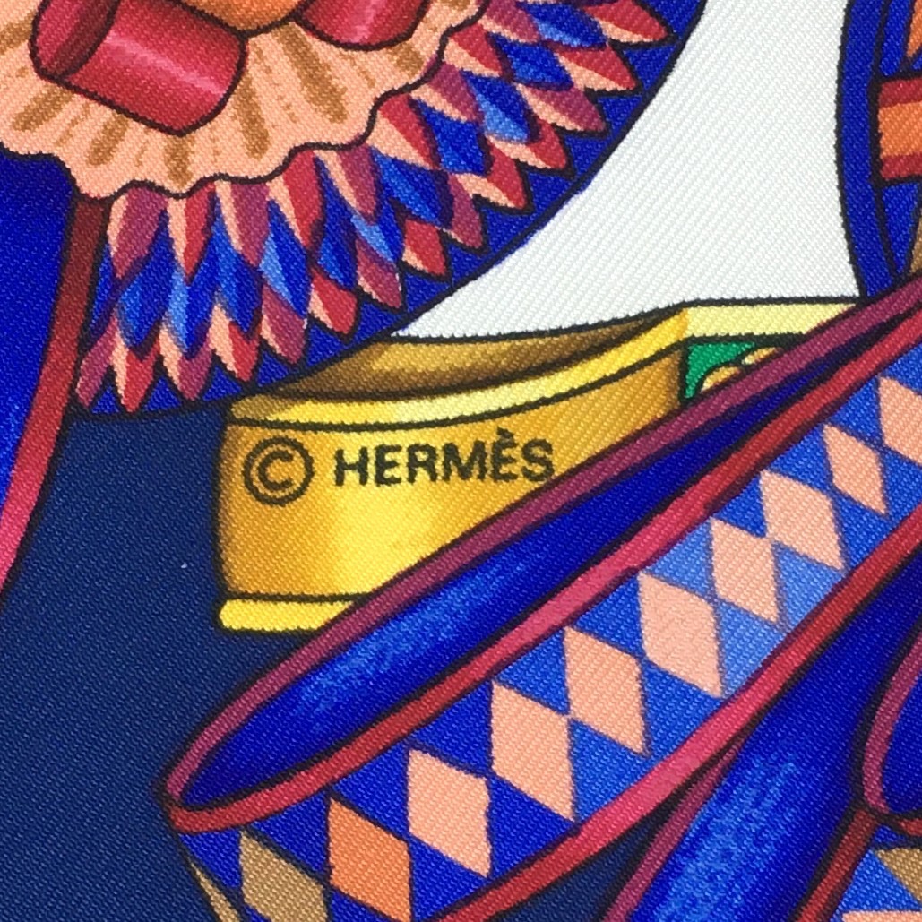 【美品】エルメス カレ 90 馬のリボン飾り LES RUBANS DU CHEVAL シルク ネイビー×オフホワイト 大判スカーフ HERMES_画像7