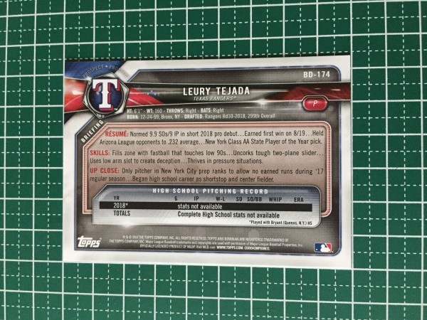 即決のみ！★TOPPS MLB 2018 BOWMAN DRAFT BASEBALL BD-174 LEURY TEJADA【TEXAS RANGERS】ベースカード 18★_画像2