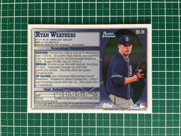 即決のみ！★TOPPS MLB 2018 BOWMAN DRAFT BASEBALL 98B-RW RYAN WEATHERS【SAN DIEGO PADRES】インサートカード 18★_画像2