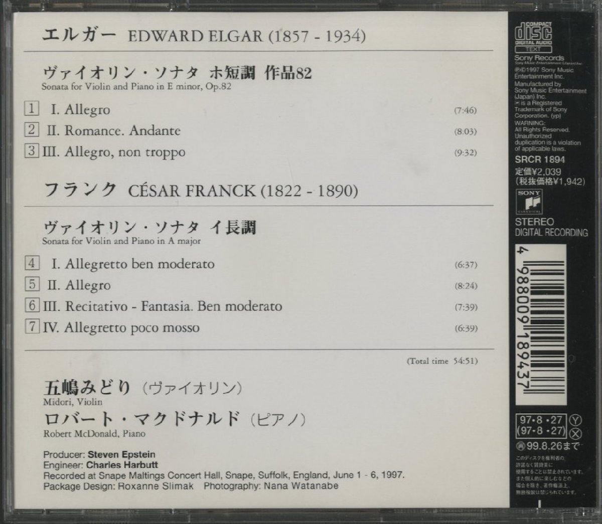 CD/ 五嶋みどり、マクドナルド / エルガー、フランク：ヴァイオリン・ソナタ / 国内盤 SRCR-1894 31221M_画像2