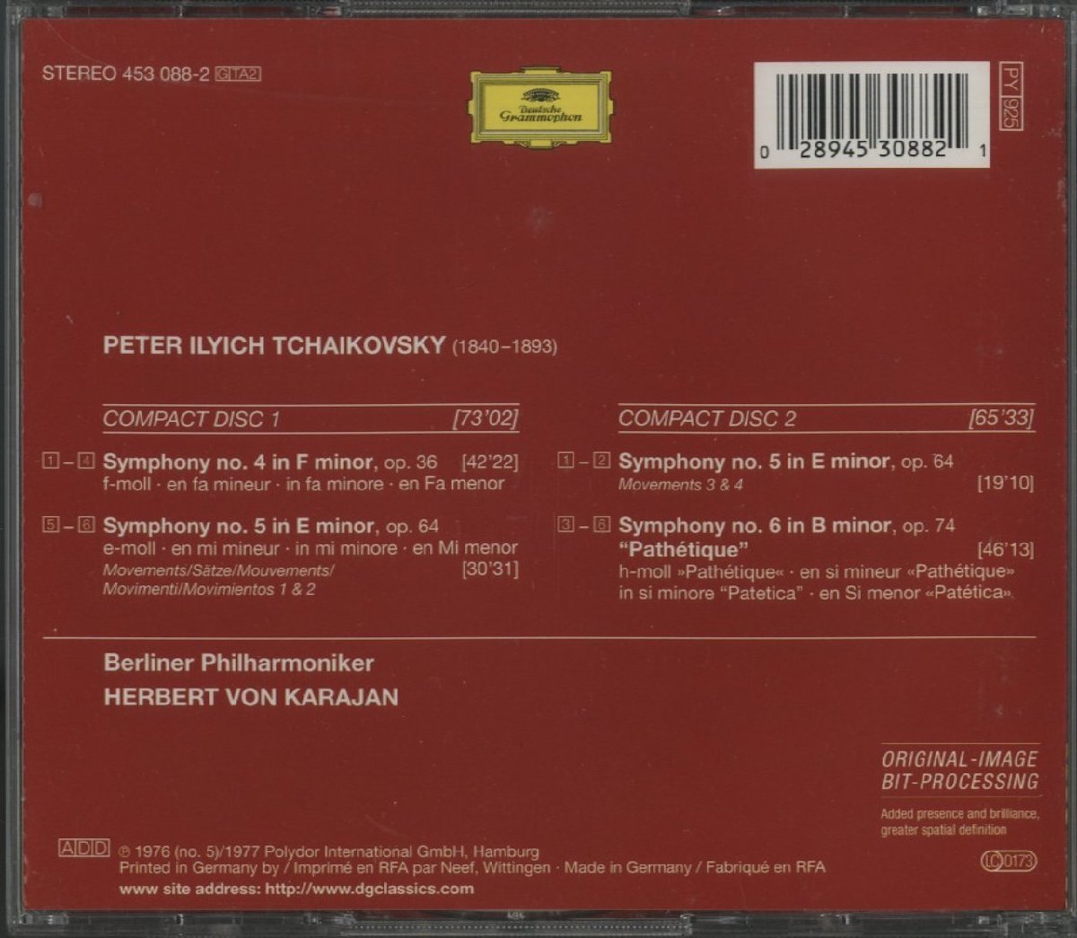 CD/2CD/ カラヤン、ベルリンフィル / チャイコフスキー：交響曲第4番、第5番、第6番「悲愴」/ 輸入盤 453088-2 40125の画像2