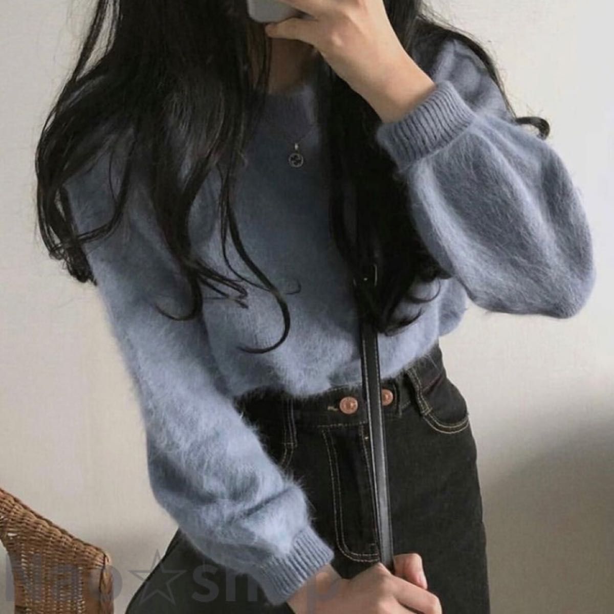 ゆったり シャギー ニット カーディガン 韓国 プルオーバー セーター ブルー