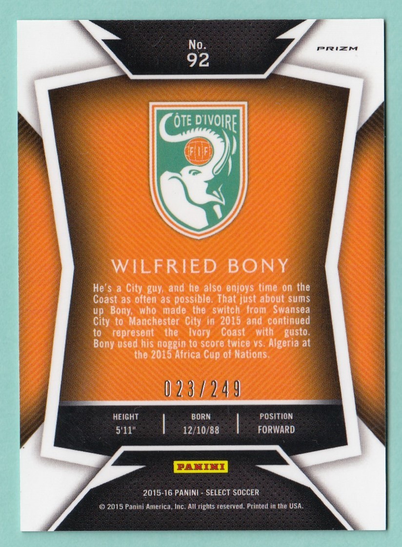 PANINI SELECT SOCCER 2015/16 PRIZM No.92 WILFRIED BONY ウィルフリード・ボニー　249枚 コートジボアール_画像2