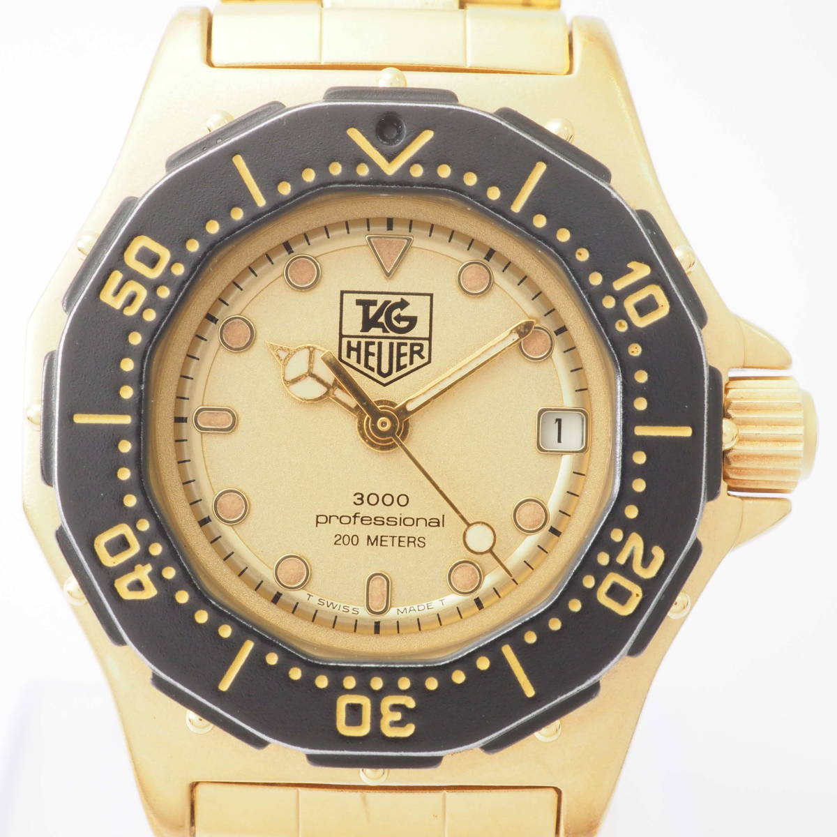 タグホイヤー 3000 プロフェッショナル TAG HEUER 937.408 1.88 クォーツ デイト ゴールド×黒ベゼル レディース 腕時計[7181004/W20-BD7_画像1