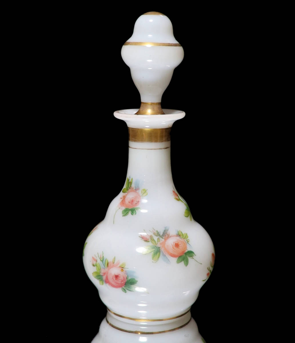 オールド・バカラ (BACCARAT) 激レア 1860年頃 純白 薔薇文 オパーリンクリスタル製 金彩エナメル カラフ バラ 香水瓶 ゴールド 春海商店_画像1