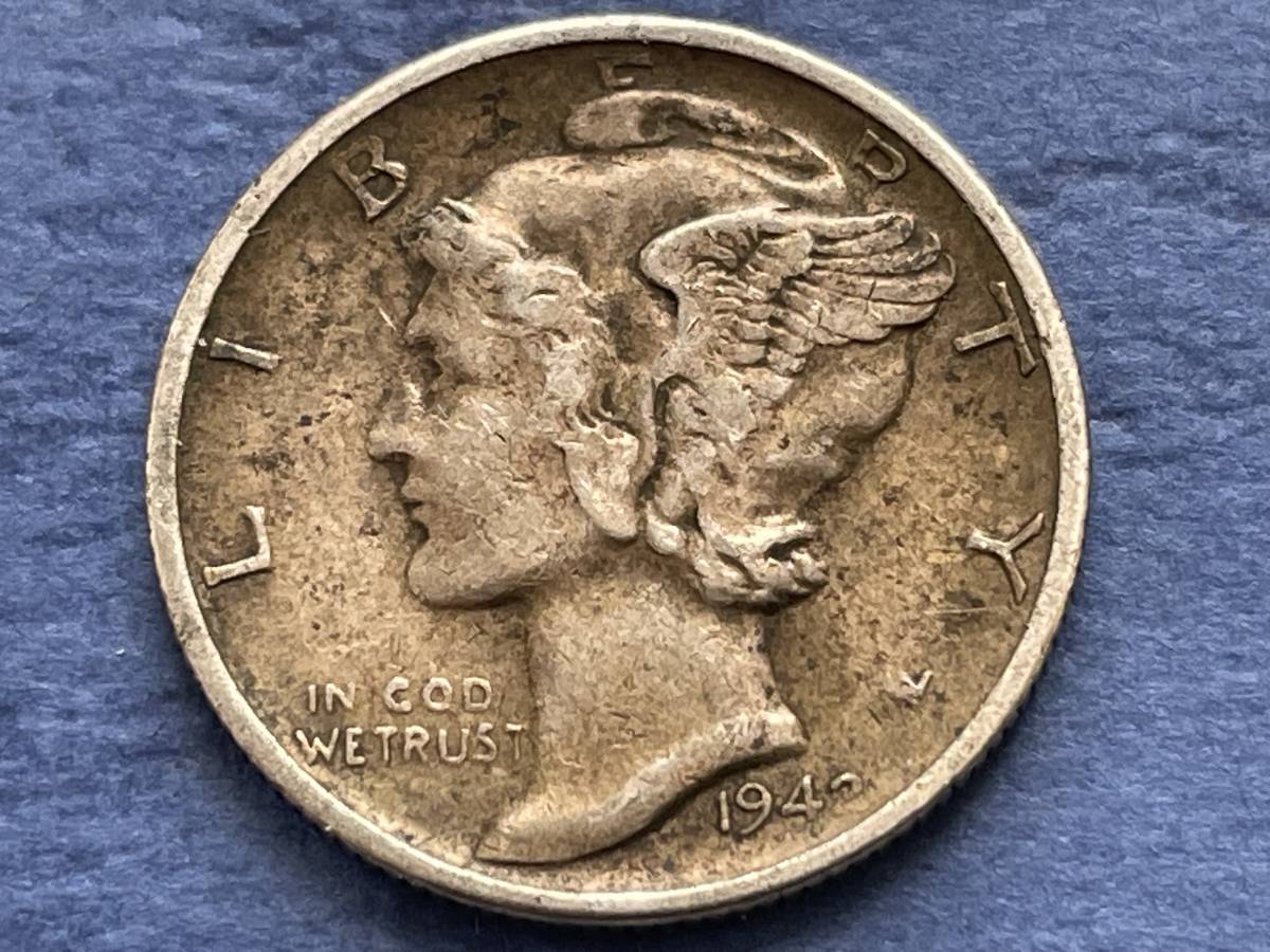 ☆送料無料【アメリカ銀貨：1942年（S）1ＤＩＭＥ（10セント）、マーキュリー、カタログ値（2.5ｇ、silver900）】銀貨　J021☆_画像1