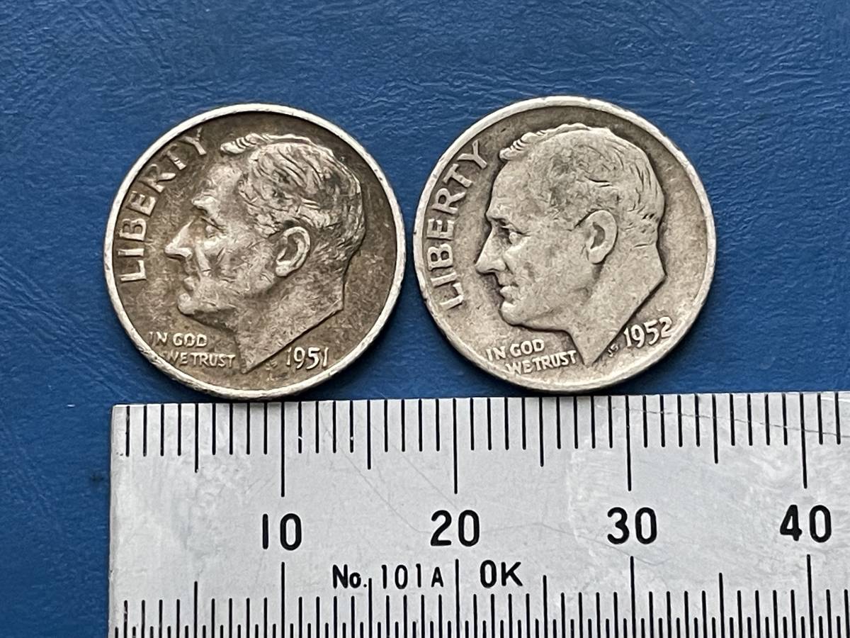 ☆外国銀貨【アメリカ1ＤＩＭＥ（10セント）銀貨2枚：1951/1952（D）年、ルーズベルト、カタログ値（2.5ｇ、silver900）】銀貨　J129☆_画像3