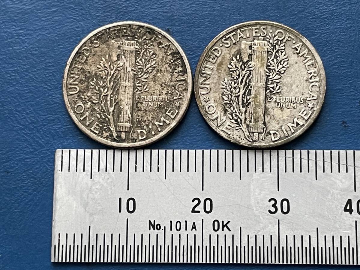 ☆外国銀貨【アメリカ1ＤＩＭＥ（10セント）銀貨2枚：1944/1945年、マーキュリー、カタログ値（2.5ｇ、silver900）】銀貨　J133☆_画像3