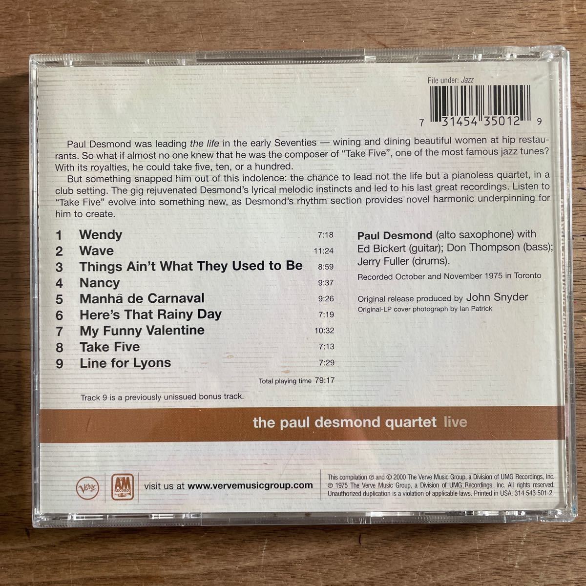 【レア希少盤CD】PAUL DESMOND 「LIVE」アメリカ盤　　　VERVE 1975年録音カナダのトロントで行われたLIVE盤 ポール・ディスモンドライナー_画像9