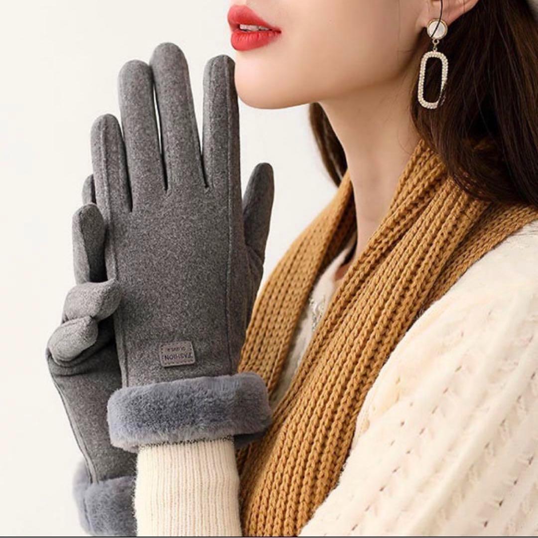 手袋　レディース　グレー　ボア　裏起毛　ウール　韓国　冬　通勤　ファー　通学　あったかい　かわいい　もこもこ_画像3