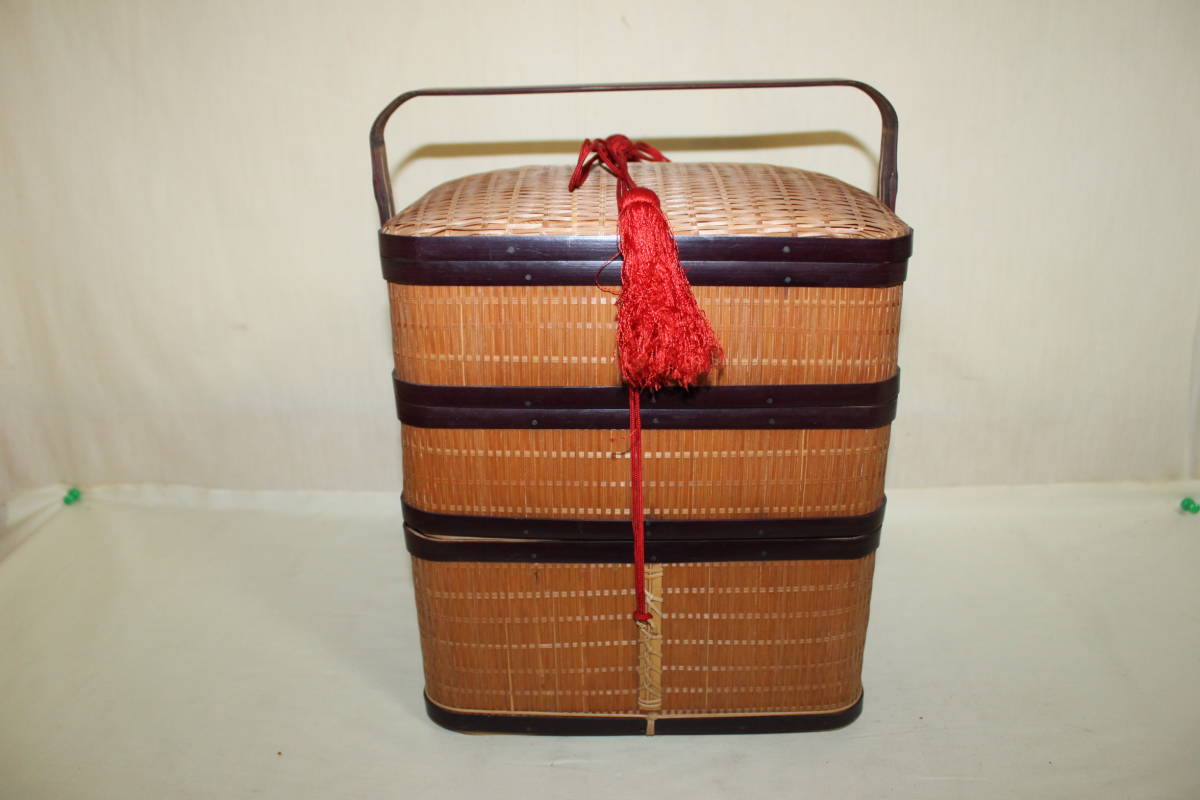 煎茶道具　煎茶籠　細密編込三段箱　茶櫃竹工芸