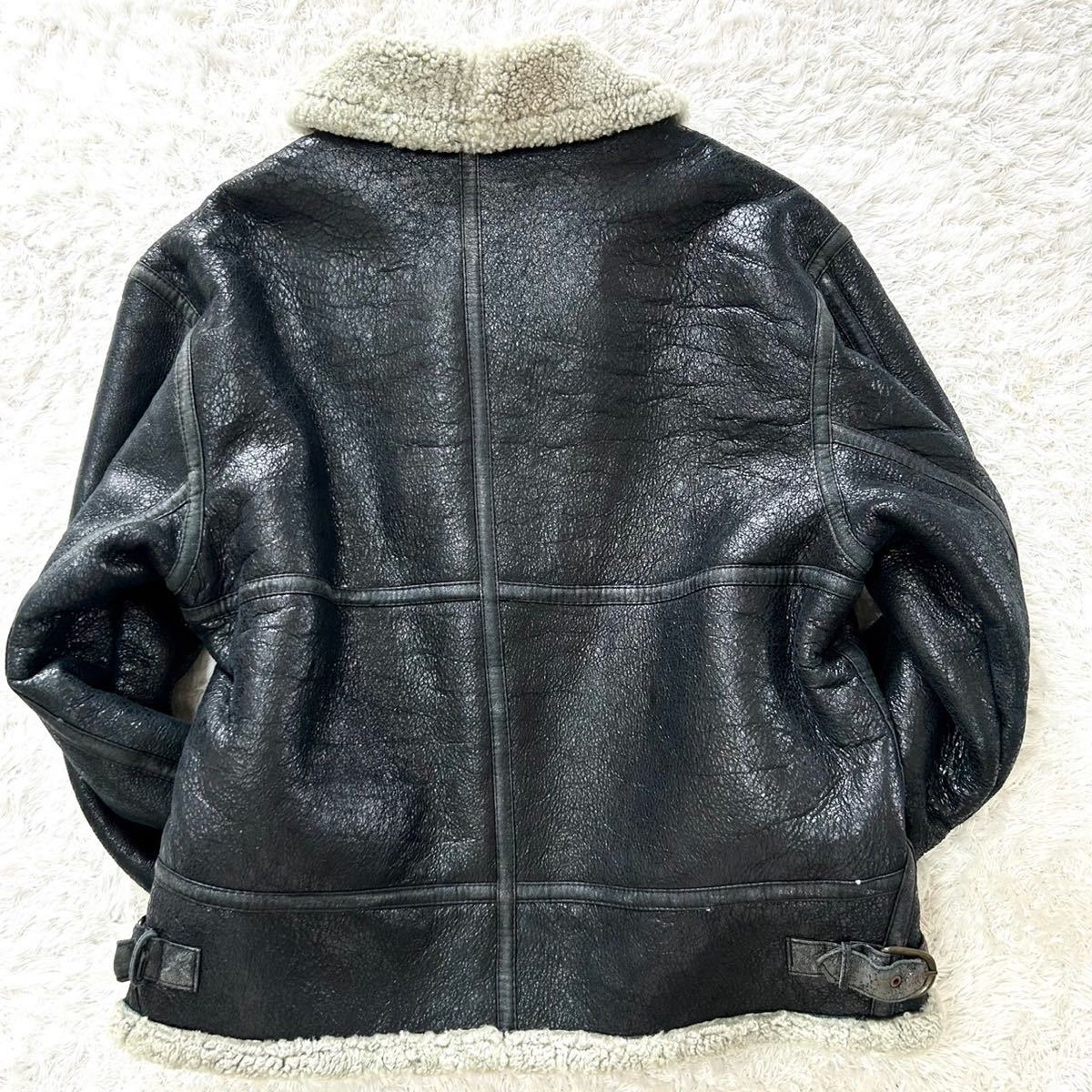 超希少品 JUNGWOO FUR B-3 TYPE リアルムートン フライトジャケット ミリタリー ボア ボマージャケット ブラック ラムレザー 羊革 XXXL肉厚_画像8