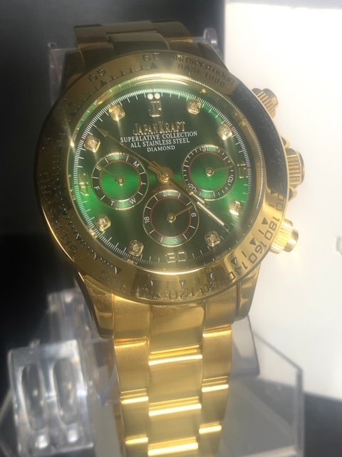 8石天然ダイヤモンド付き 新品 JAPAN KRAFT ジャパンクラフト 腕時計 正規品 クロノグラフ 自動巻き オートマティック ゴールド グリーン_画像2