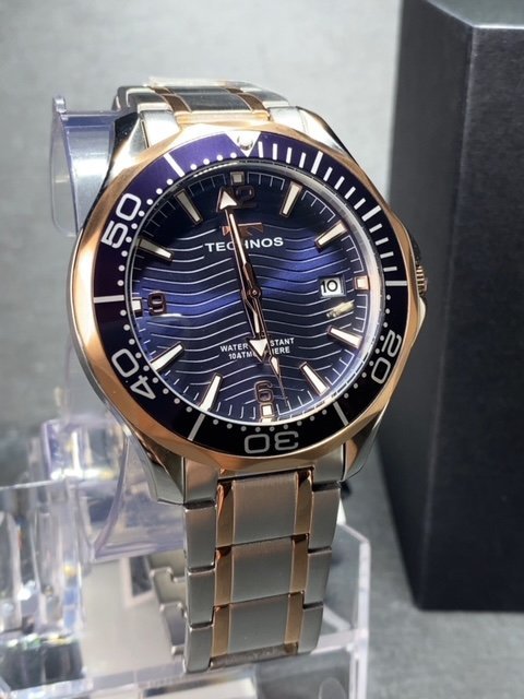 新品 TECHNOS テクノス 腕時計 正規品 アナログ腕時計 クオーツ カレンダー 10気圧防水 ステンレス シンプル ブルー ピンクゴールド メンズ_画像2