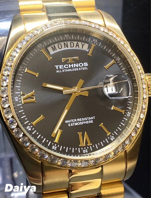 新品 腕時計 正規品 TECHNOS テクノス クオーツ アナログ腕時計 防水 カレンダー ステンレス ゴールド ブラック シンプル 3針 プレゼント_画像1