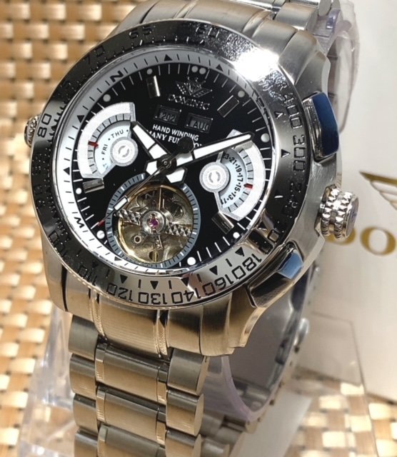 限定モデル 秘密のからくりギミック搭載 新品 DOMINIC ドミニク 正規品 手巻き腕時計 ステンレスベルト アンティーク腕時計 ブラック_画像2