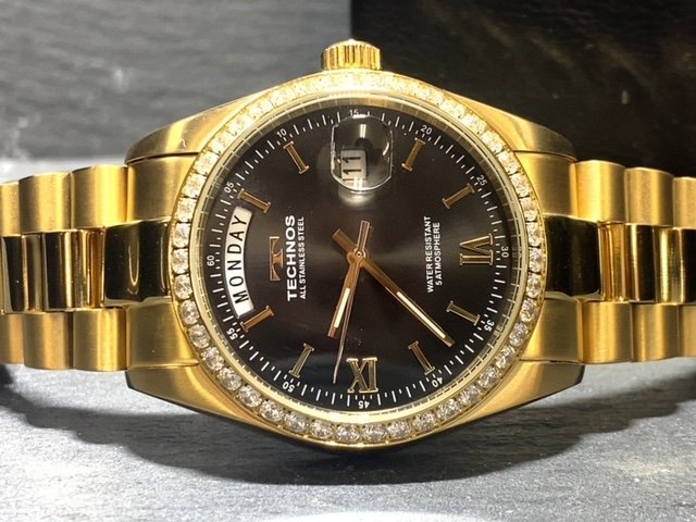 新品 腕時計 正規品 TECHNOS テクノス クオーツ アナログ腕時計 防水 カレンダー ステンレス ゴールド ブラック シンプル 3針 プレゼント_画像6