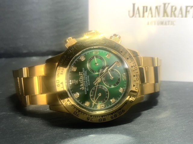 8石天然ダイヤモンド付き 新品 JAPAN KRAFT ジャパンクラフト 腕時計 正規品 クロノグラフ 自動巻き オートマティック ゴールド グリーン_画像7