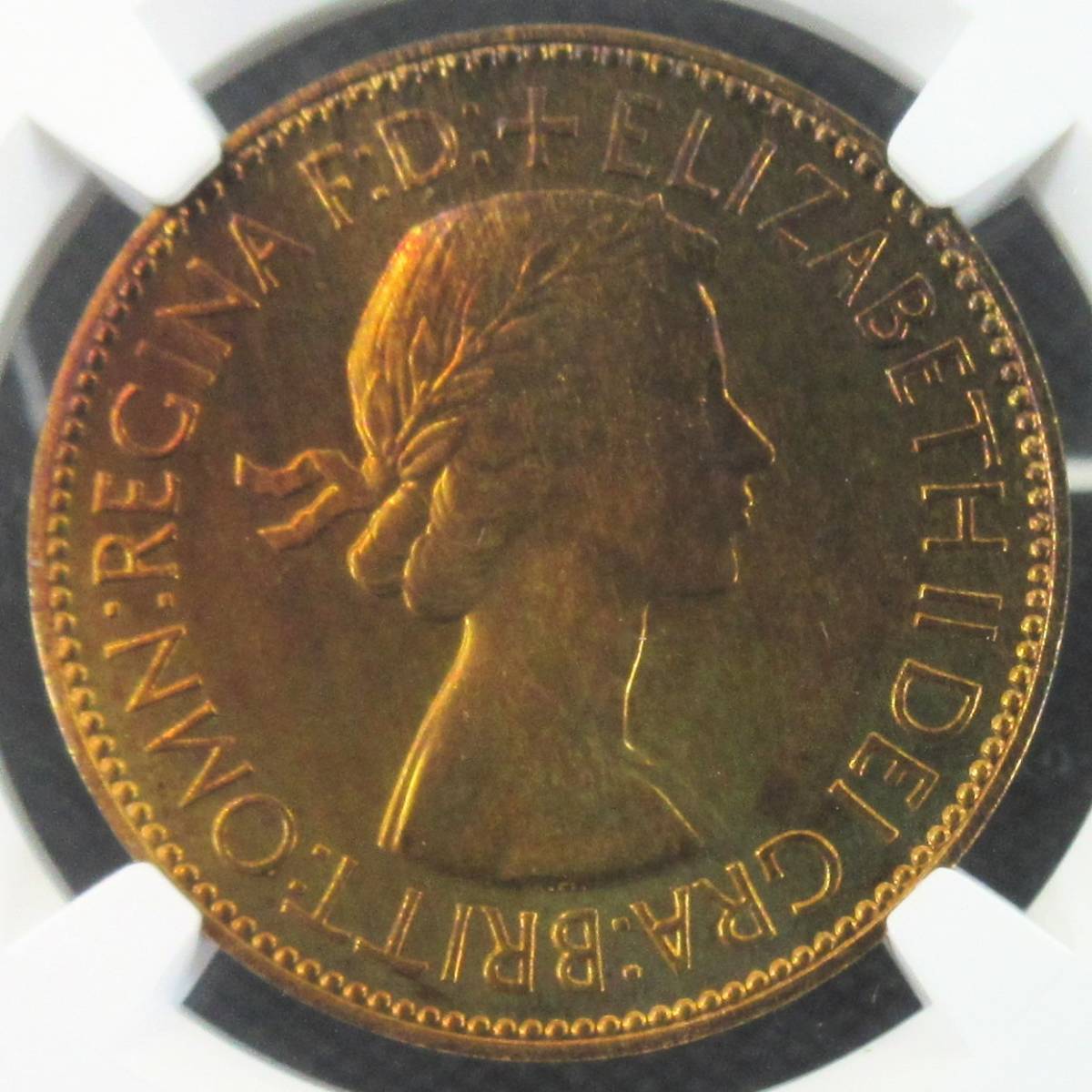 1953 イギリス ペニー 銅貨 エリザベス2世 ヤングヤングエリザベス ブリタニア NGC PF66RB アンティークコイン 世界4位の輝き_画像1