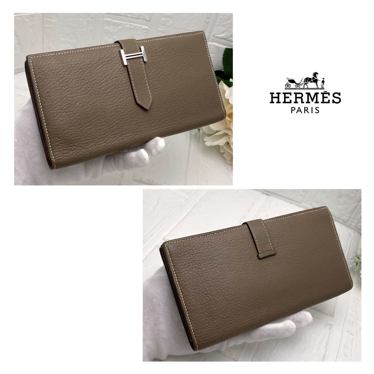 大人気カラー 早い者勝ち HERMES エルメス エトゥープ ベアンスフレ 長財布 _画像2