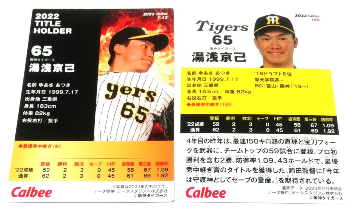 【 2023　湯浅京己　2枚セット 】　タイトルホルダーカード　レギュラーカード　阪神タイガース　★ カルビープロ野球チップス_画像2