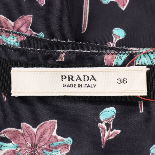 【美品】PRADA/プラダ レディース ミニ フレア スカート シルク 花柄 プリント タック 36 黒 グリーン 他 [大感謝祭]★23QR74_画像9