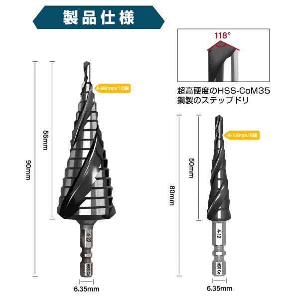 スパイラルドリル ステップドリル (4-22mm 4-12mm ) 超高硬度 穴あけステンレス用 六角軸 タケノコドリル 螺旋 2本セット 三枚刃ZT00_画像6