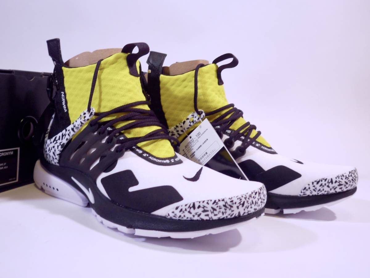 本物/2018年 NIKE / ACRONYM AIR PRESTO MID WHITE/DYNAMIC YELLOW US9/27 黒タグ付き新品箱付acg supreme dunk sb jordan1 retro og max95_確実な本物、正規品を保証します