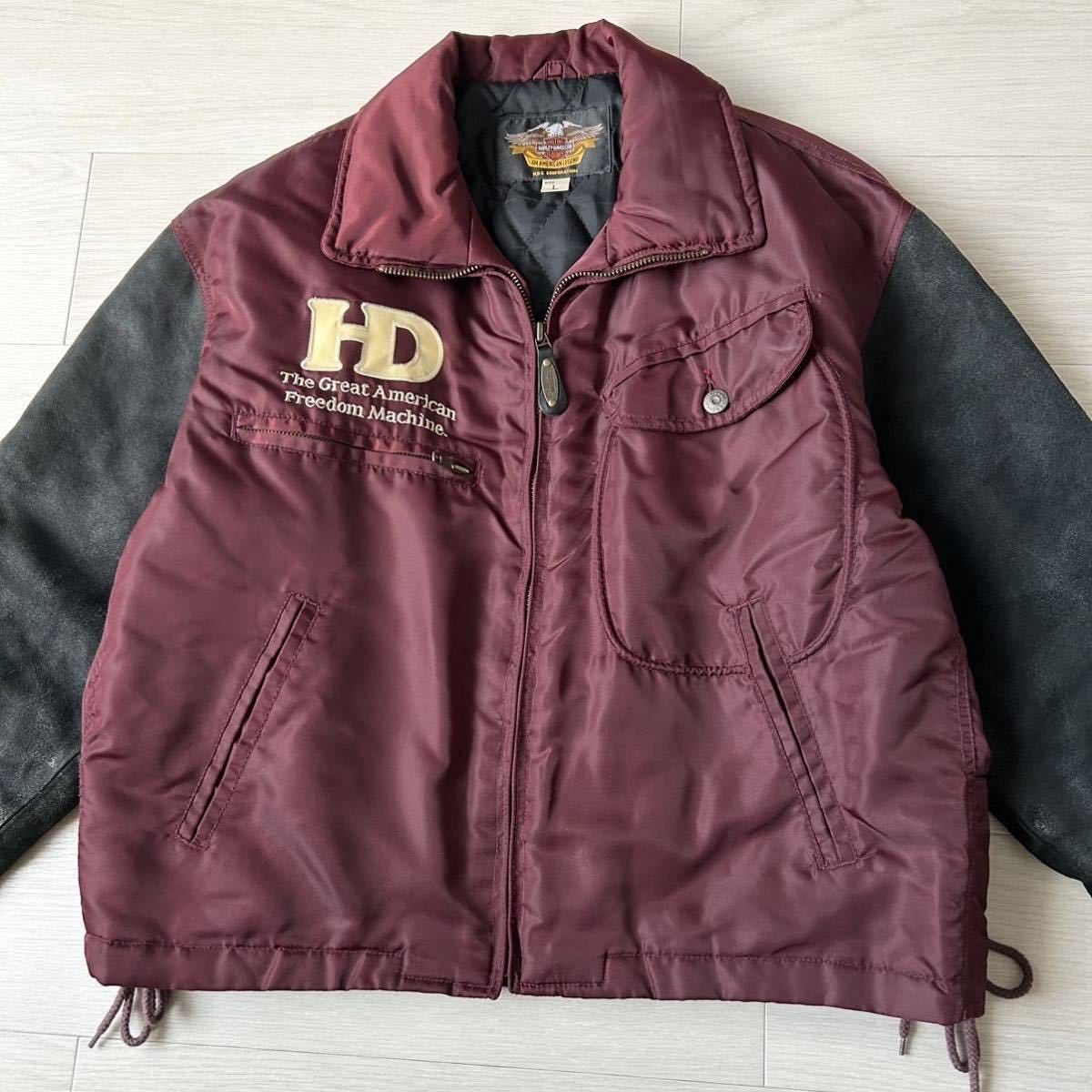 良品 HARLEY DAVIDSON ハーレーダビッドソン 袖レザー 背面ロゴ ワッペン 中綿 ナイロン ライダース ジャケット L 牛革 バイク ブルゾン_画像4