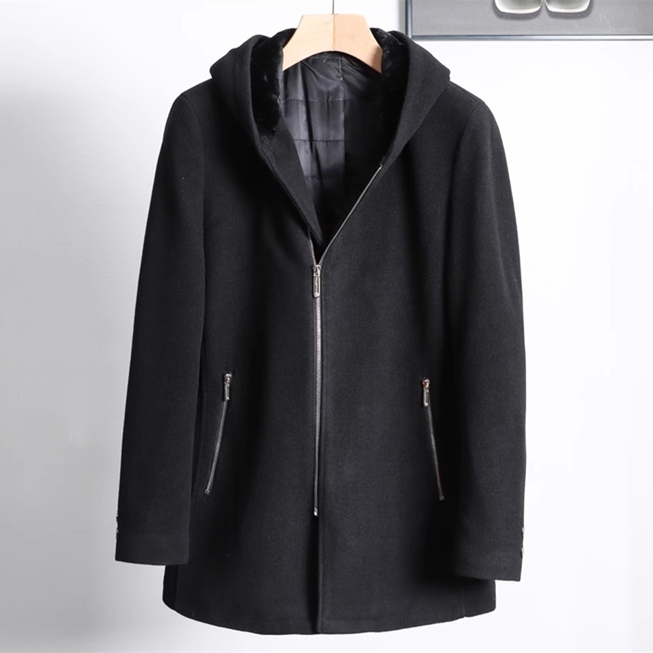 D9528-L 新品 ウール混 コート メンズ フード付きコート スリム 高品質 厚手 防寒 カジュアル ロングコート ジャケット/ブラック_画像4