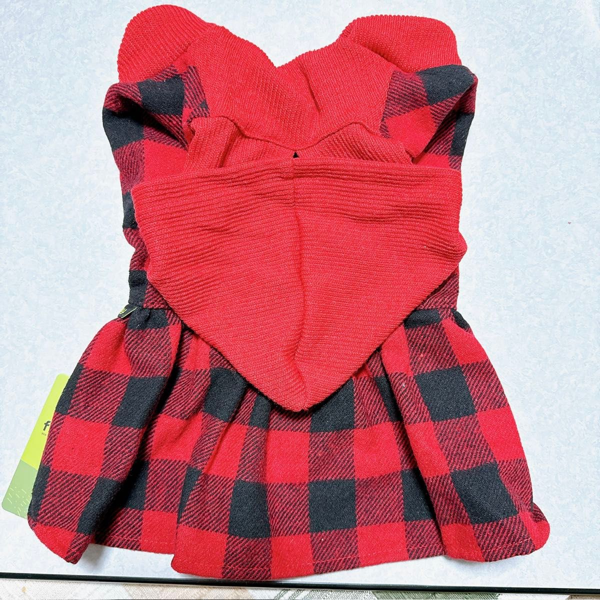 犬服　フードドレス　ワンピース　犬猫用　チェック柄　ペット　スカート　L 赤　