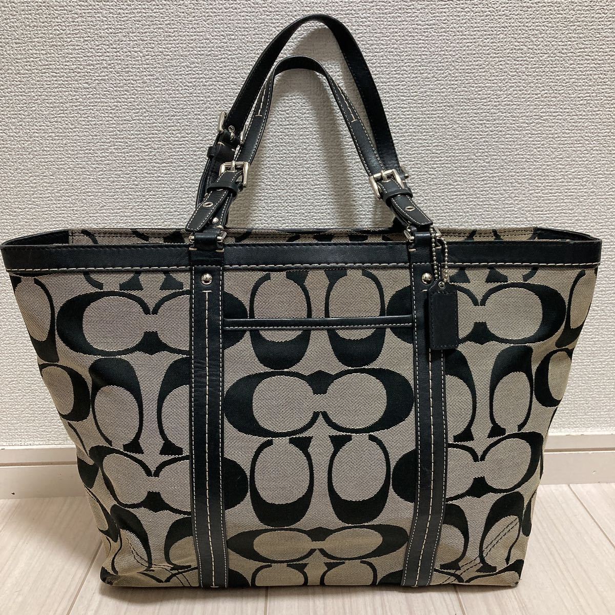 COACH Coach lady's shoulder .. business bag tote bag signature black black beige canvas leather high capacity brand 