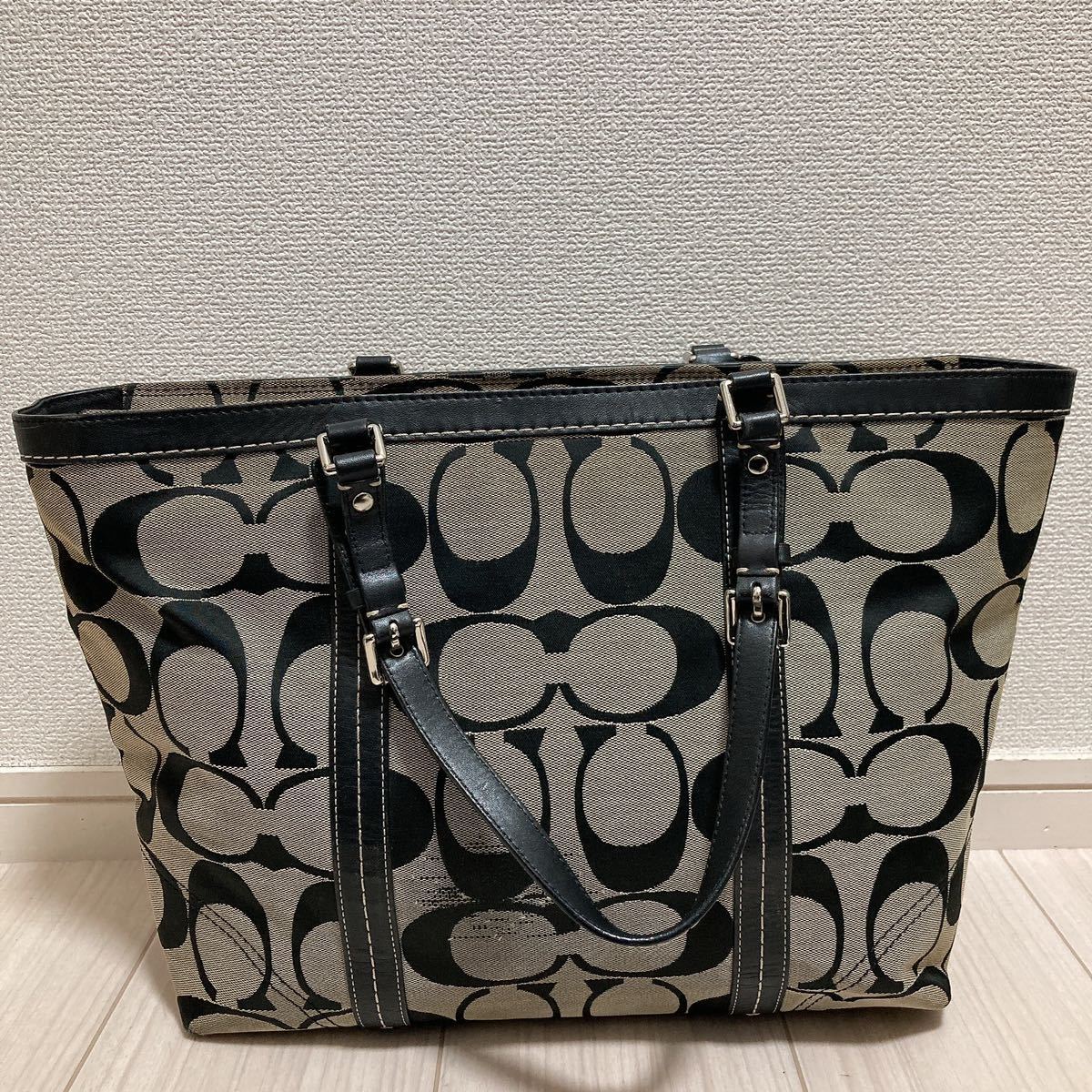 COACH Coach lady's shoulder .. business bag tote bag signature black black beige canvas leather high capacity brand 