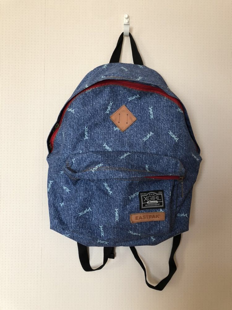 美品◆エックスガール　X-girl×EASTPAK コラボリュックサック◆デニム地プリント_画像1