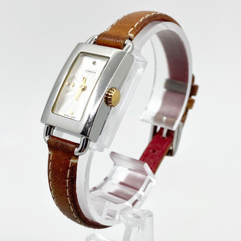 COACH 腕時計 レクタンギュラー クォーツ quartz 2針 Swiss レザーベルト シルバー ブラウン 銀 茶 コーチ Y344の画像2