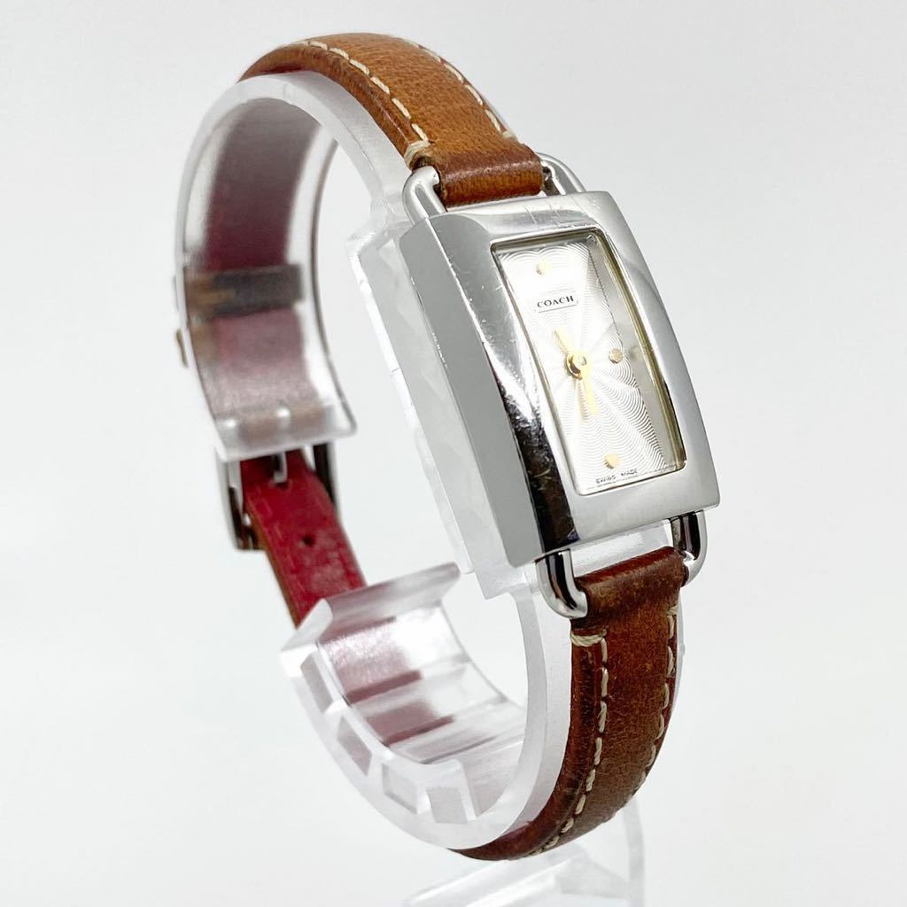 COACH 腕時計 レクタンギュラー クォーツ quartz 2針 Swiss レザーベルト シルバー ブラウン 銀 茶 コーチ Y344の画像3