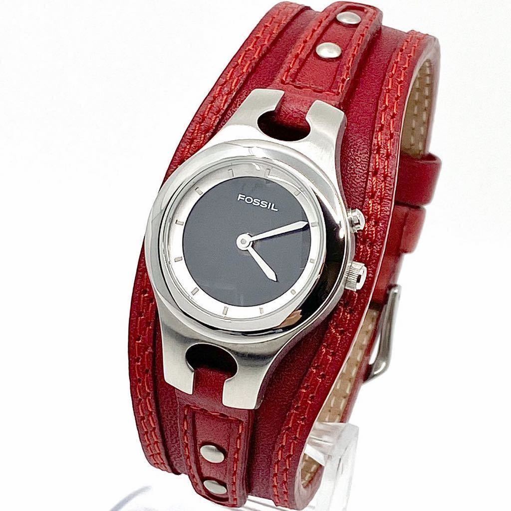 極美品 FOSSIL BIG TIC 腕時計 2way ハート ブラック クォーツ デジタル シルバー レッド レザーベルト 銀 赤 フォッシル Y358_画像2