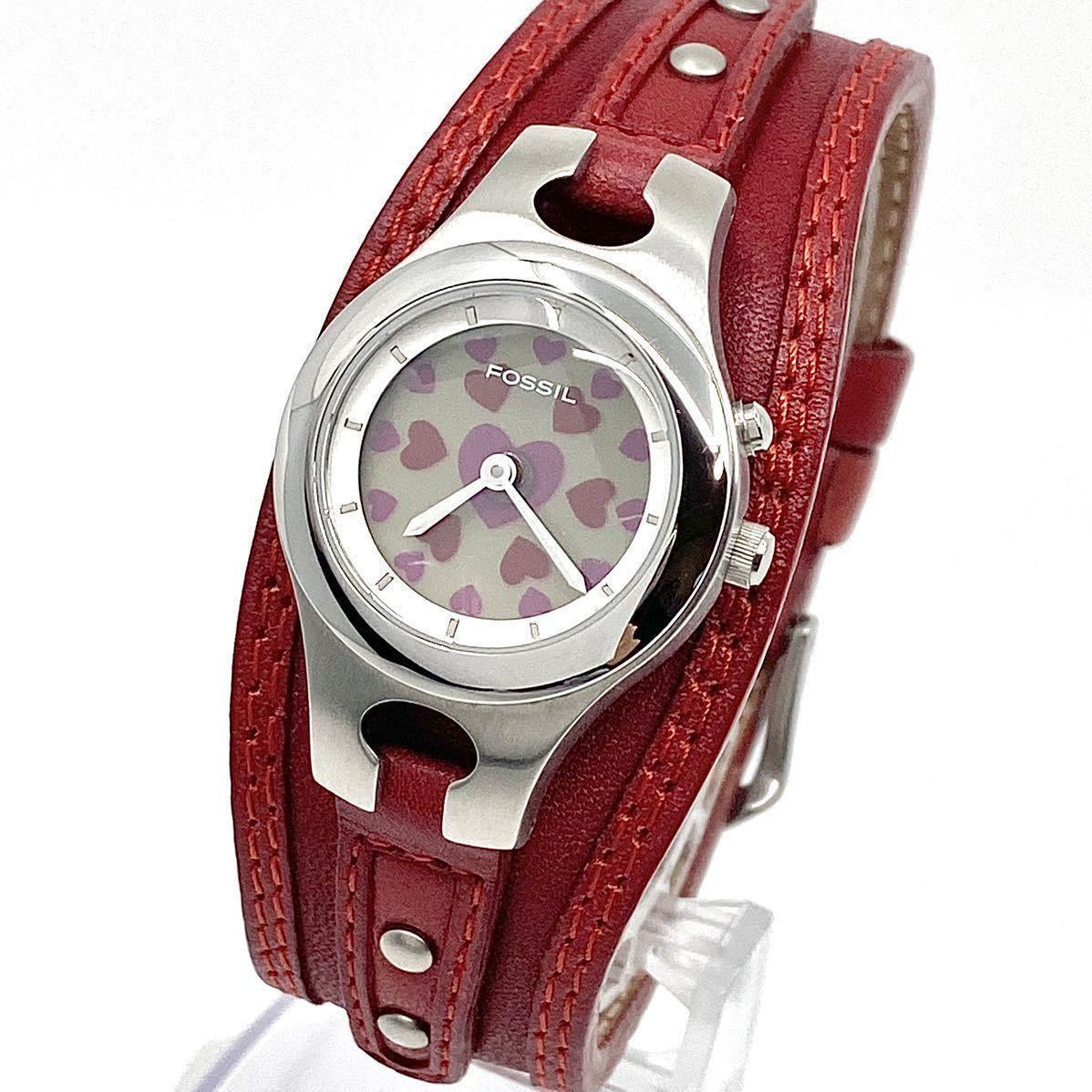 極美品 FOSSIL BIG TIC 腕時計 2way ハート ブラック クォーツ デジタル シルバー レッド レザーベルト 銀 赤 フォッシル Y358_画像1