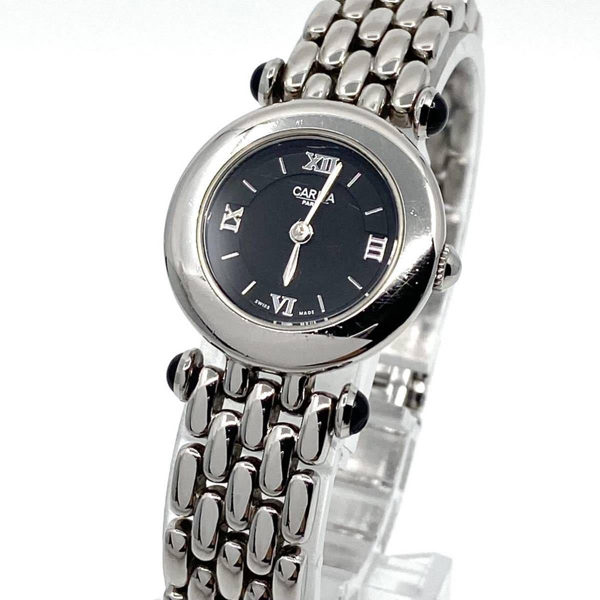 動作品 CARITA PARIS 腕時計 ラウンド クォーツ quartz 2針 Swiss ブラックフェイス シルバー 黒 銀 カリタ Y301の画像1