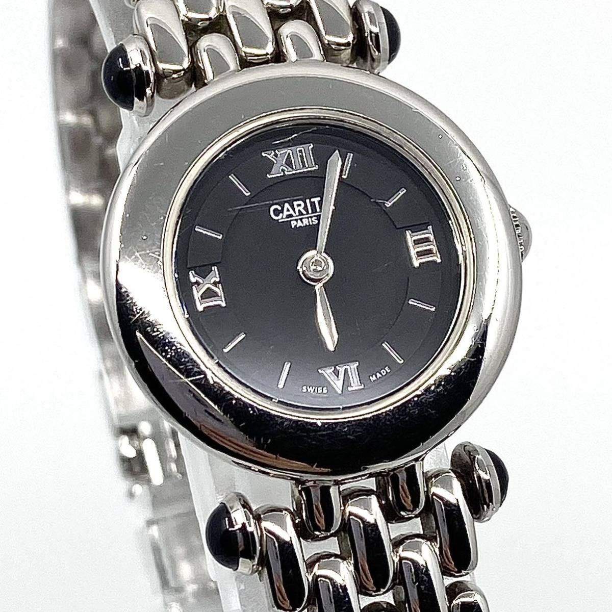 動作品 CARITA PARIS 腕時計 ラウンド クォーツ quartz 2針 Swiss ブラックフェイス シルバー 黒 銀 カリタ Y301の画像4