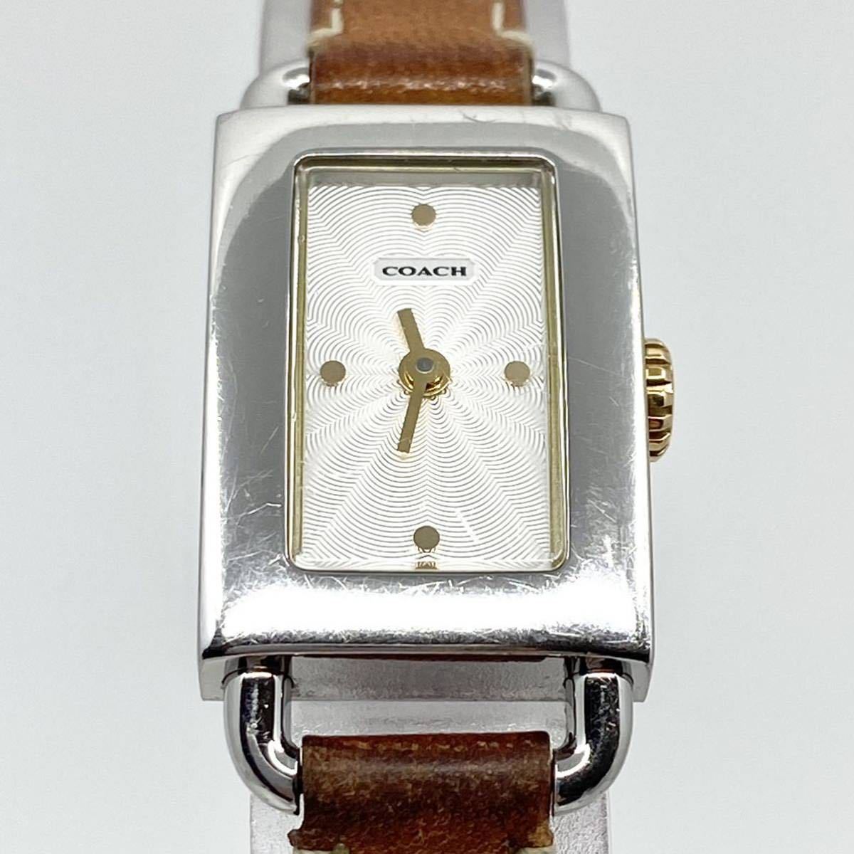 COACH 腕時計 レクタンギュラー クォーツ quartz 2針 Swiss レザーベルト シルバー ブラウン 銀 茶 コーチ Y344の画像4