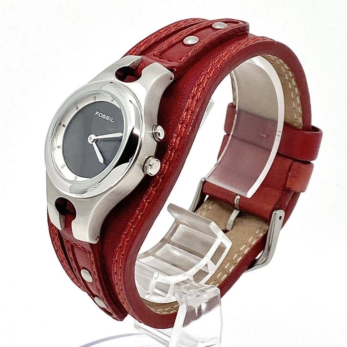 極美品 FOSSIL BIG TIC 腕時計 2way ハート ブラック クォーツ デジタル シルバー レッド レザーベルト 銀 赤 フォッシル Y358_画像3