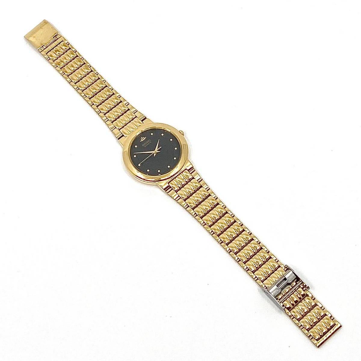 SEIKO 腕時計 ラウンド ドットインデックス 3針 クォーツ quartz ブラックフェイス ゴールド 黒 金 セイコー Y428_画像6