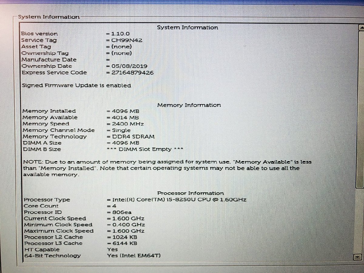 【大分発送】【ジャンク品】DELL / Vostro P87G / Intel(R)Core(TM)i5-8250U CPU@1.60GHz / SSD無し /ノートパソコン /中古品_画像8