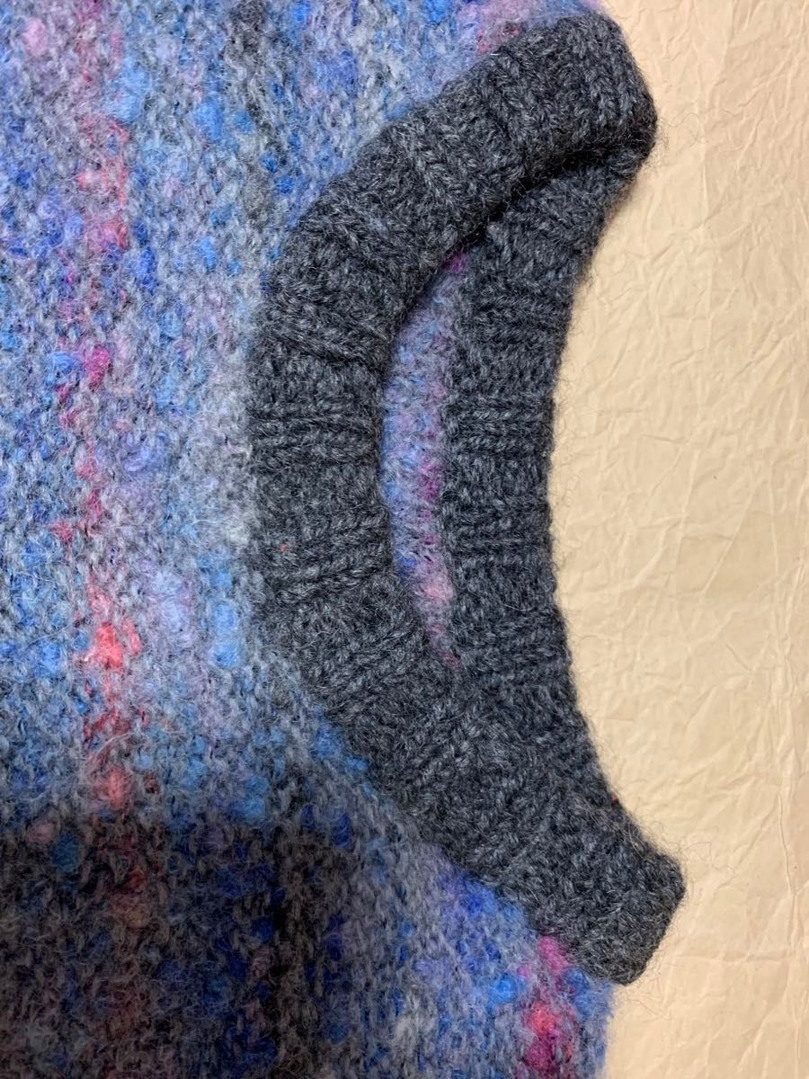手作り機械編み丸首セーターイタリア製ネップヤーンブルーグレーピンクゆったり大きめ②