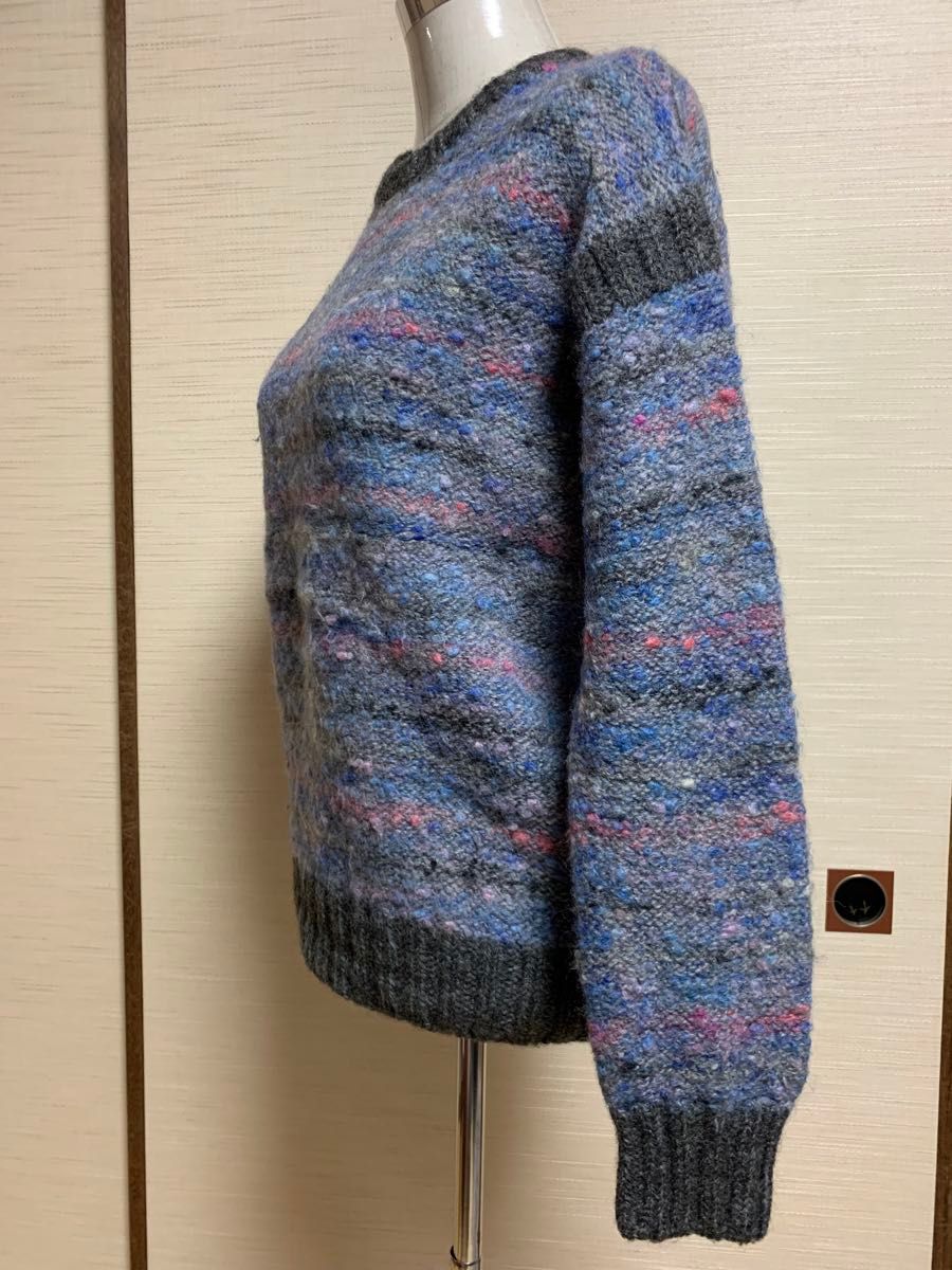 手作り機械編み丸首セーターイタリア製ネップヤーンブルーグレーピンクゆったり大きめ②