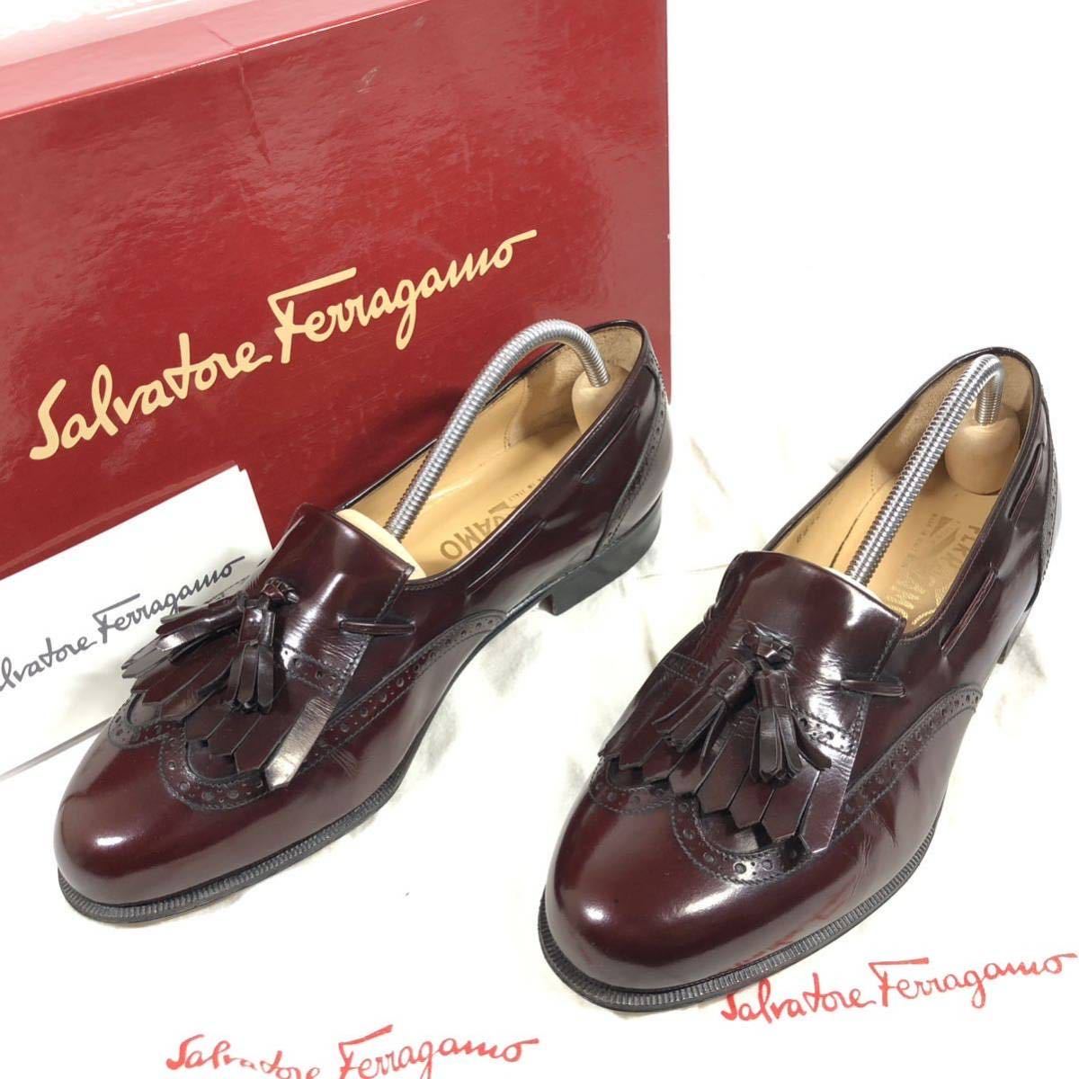 未使用品【フェラガモ】基準内 Ferragamo 靴 25cm キルトタッセルローファー スリッポン ビジネスシューズ レザー メンズ 伊製 7 2E 箱有_画像1