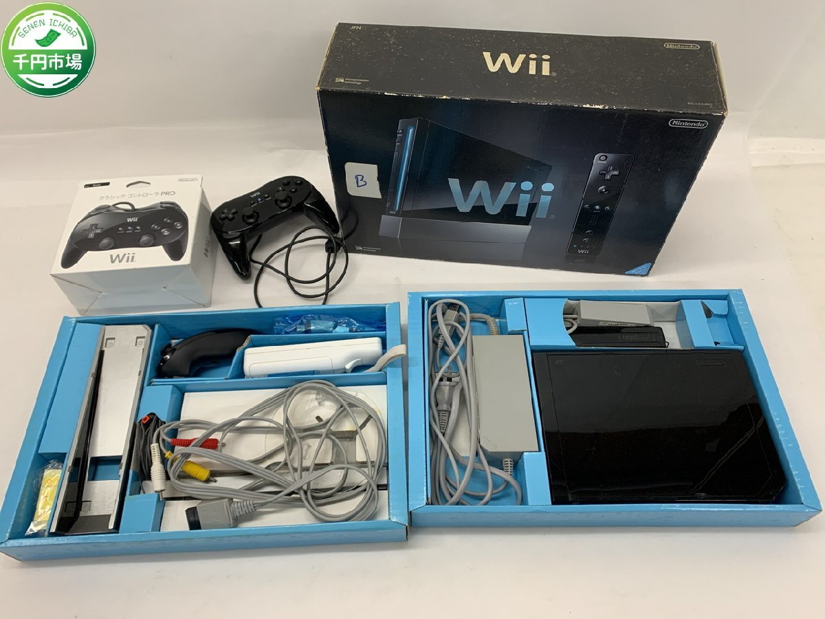 【N-5456】任天堂 Nintendo Wii 黒 ブラック 本体 ニンテンドー ウィー RVL-001(JPN) クラシックコントローラー 箱付 現状品【千円市場】_画像1