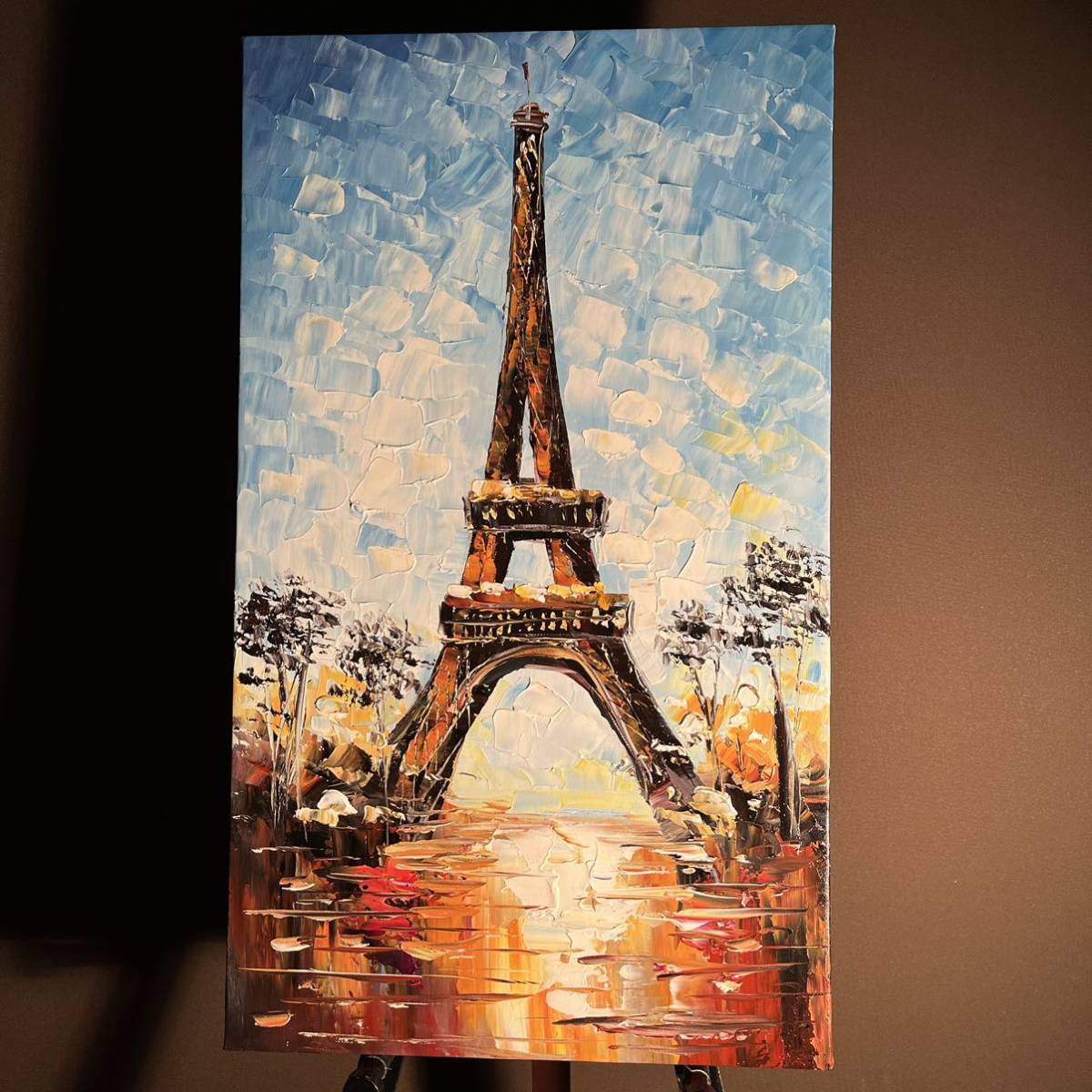 手書き油絵 パリの風景 エッフェル塔 絵画 インテリア 油彩画